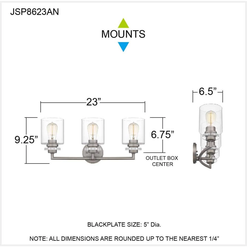 Jaspar 23 in. 3-Light Antique Nickel Vanity Light by Quoizel 4 Jaspar 23 in. 3-Light Antique Nickel Vanity Light by Quoizel - Image 2