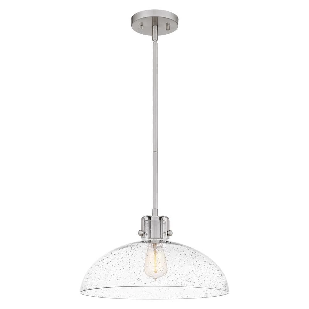 Iona 1-Light Brushed Nickel Pendant with Clear Seeded Glass by Quoizel 3 Iona 1-Light Brushed Nickel Pendant with Clear Seeded Glass by Quoizel