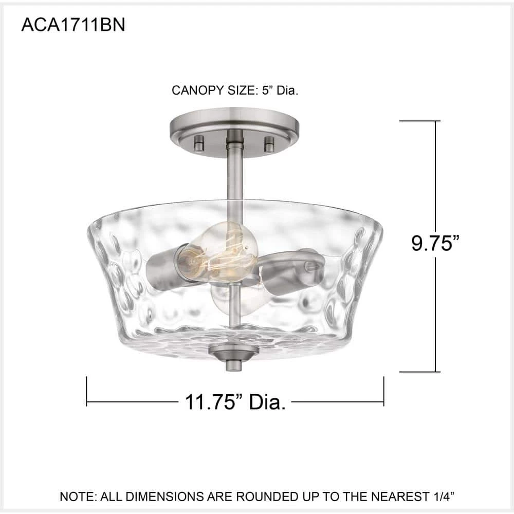 Acacia 11.75 in. 2-Light Brushed Nickel Semi-Flush Mount with Clear Water Glass by Quoizel 9 Acacia 11.75 in. 2-Light Brushed Nickel Semi-Flush Mount with Clear Water Glass by Quoizel - Image 7