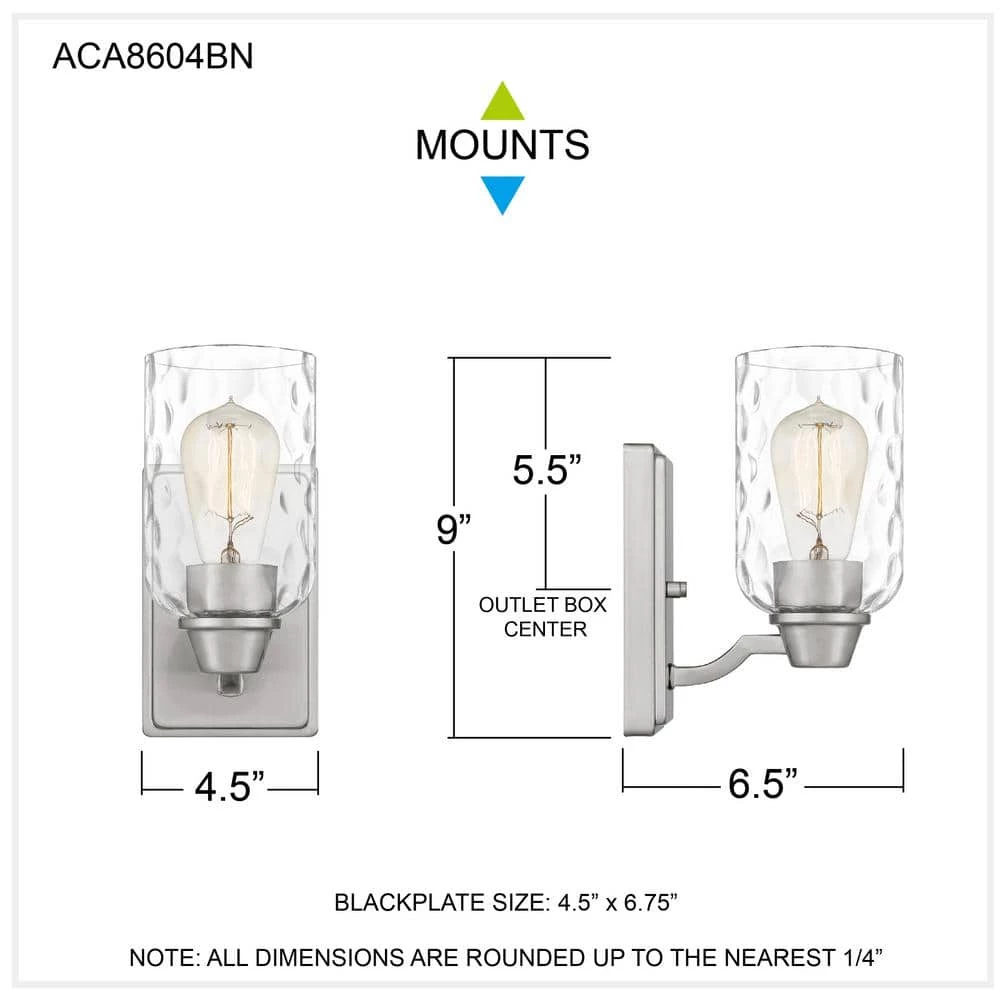 Acacia 1-Light Brushed Nickel Wall Sconce with Clear Water Glass by Quoizel 9 Acacia 1-Light Brushed Nickel Wall Sconce with Clear Water Glass by Quoizel - Image 7