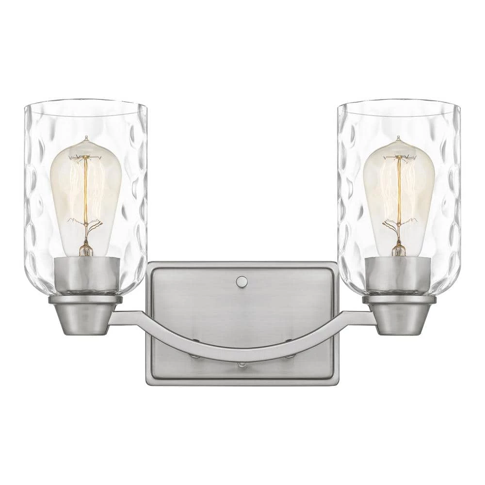 Acacia 14 in. 2 Light Brushed Nickel Vanity Light with Clear Water Glass by Quoizel 3 Acacia 14 in. 2 Light Brushed Nickel Vanity Light with Clear Water Glass by Quoizel