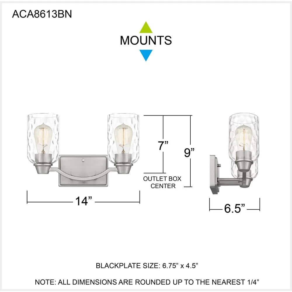 Acacia 14 in. 2 Light Brushed Nickel Vanity Light with Clear Water Glass by Quoizel 9 Acacia 14 in. 2 Light Brushed Nickel Vanity Light with Clear Water Glass by Quoizel - Image 7
