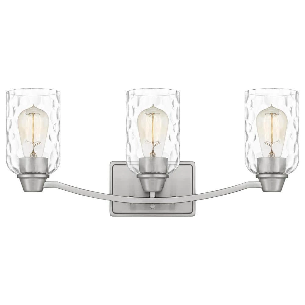 Acacia 21.5 in. 3 Light Brushed Nickel Vanity Light with Clear Water Glass by Quoizel 3 Acacia 21.5 in. 3 Light Brushed Nickel Vanity Light with Clear Water Glass by Quoizel