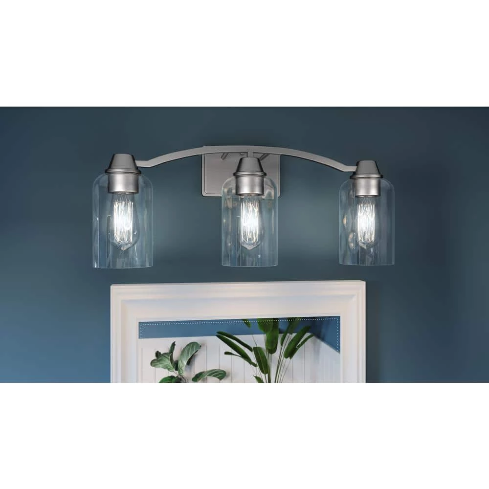 Acacia 21.5 in. 3 Light Brushed Nickel Vanity Light with Clear Water Glass by Quoizel 4 Acacia 21.5 in. 3 Light Brushed Nickel Vanity Light with Clear Water Glass by Quoizel - Image 2