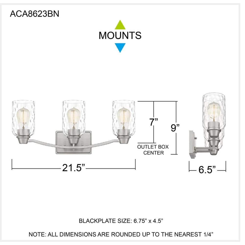 Acacia 21.5 in. 3 Light Brushed Nickel Vanity Light with Clear Water Glass by Quoizel 9 Acacia 21.5 in. 3 Light Brushed Nickel Vanity Light with Clear Water Glass by Quoizel - Image 7