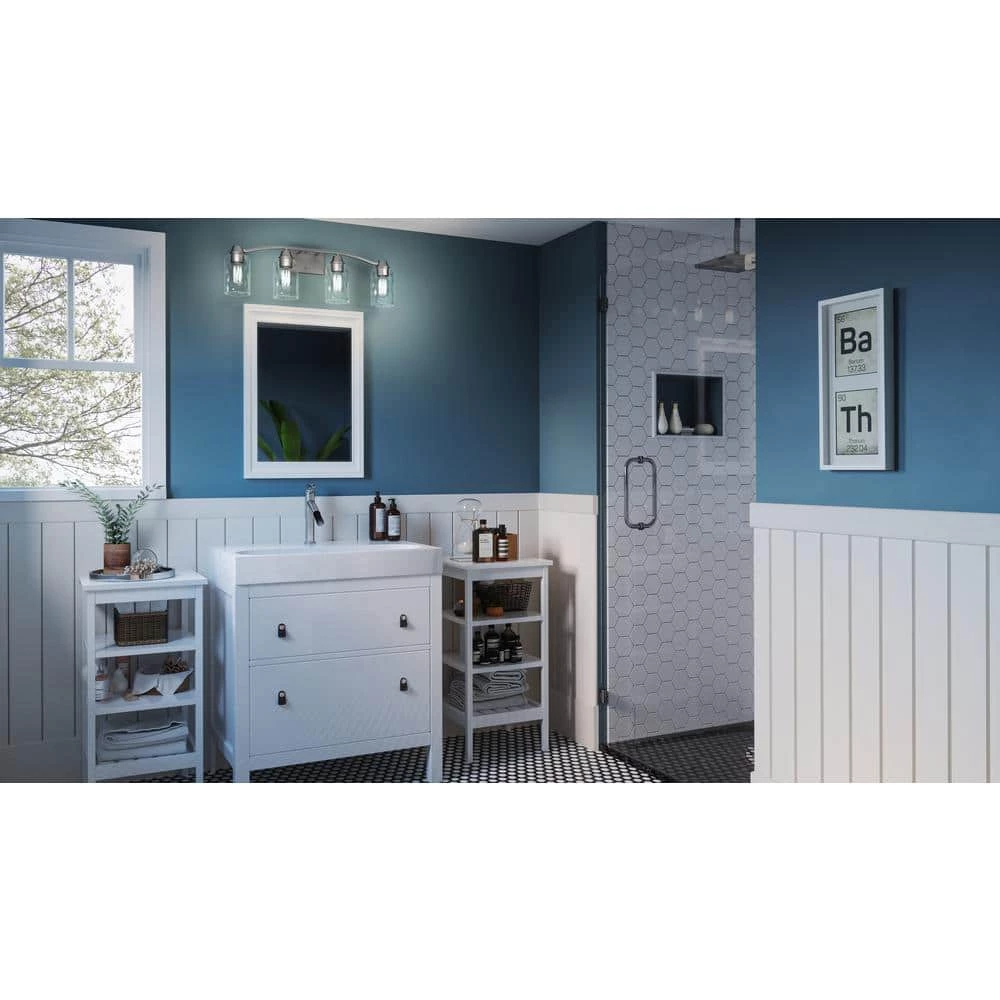 Acacia 28 in. 4 Light Brushed Nickel Vanity Light with Clear Water Glass by Quoizel 10 Acacia 28 in. 4 Light Brushed Nickel Vanity Light with Clear Water Glass by Quoizel - Image 8