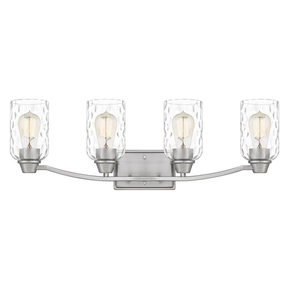 Acacia 28 in. 4 Light Brushed Nickel Vanity Light with Clear Water Glass by Quoizel 3 Acacia 28 in. 4 Light Brushed Nickel Vanity Light with Clear Water Glass by Quoizel