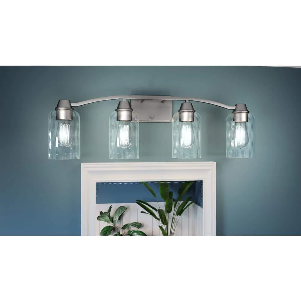 Acacia 28 in. 4 Light Brushed Nickel Vanity Light with Clear Water Glass by Quoizel 4 Acacia 28 in. 4 Light Brushed Nickel Vanity Light with Clear Water Glass by Quoizel - Image 2