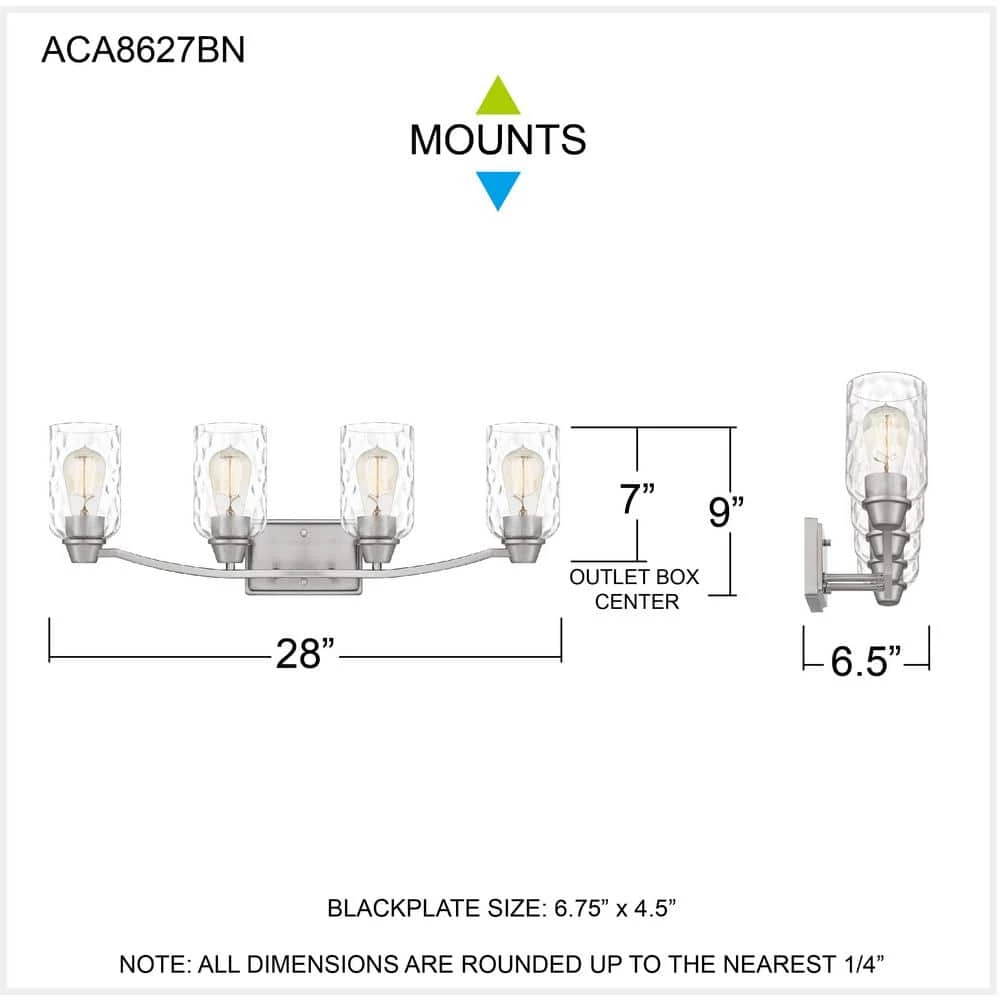 Acacia 28 in. 4 Light Brushed Nickel Vanity Light with Clear Water Glass by Quoizel 9 Acacia 28 in. 4 Light Brushed Nickel Vanity Light with Clear Water Glass by Quoizel - Image 7