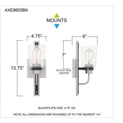 Axel 4.75 in. 1-Light Brushed Nickel Sconce with Clear Seeded Glass Shade by Quoizel -Quoizel Sales brushed nickel quoizel vanity lighting axe8605bn fa 1000