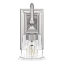 Nicholas Clear 1-Light Brushed Nickel Wall Sconce by Quoizel -Quoizel Sales brushed nickel quoizel vanity lighting nlc8601bn 4f 1000