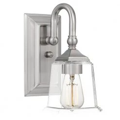 Nicholas Clear 1-Light Brushed Nickel Wall Sconce by Quoizel -Quoizel Sales brushed nickel quoizel vanity lighting nlc8601bn c3 1000
