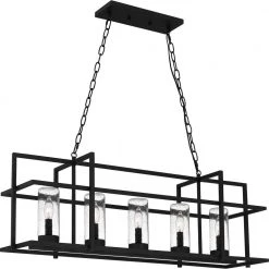 Damien 5-Light Earth Black Linear Chandelier with Clear Seedy Glass Shade by Quoizel