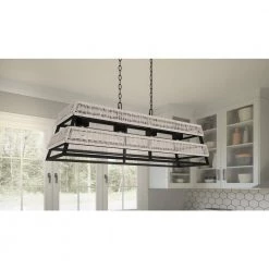 Lowenthal 4-Light Earth Black Linear Chandelier with Rattan with clear glass inside Glass Shade by Quoizel -Quoizel Sales earth black quoizel chandeliers qlc5585ek 31 1000