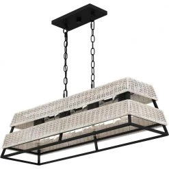 Lowenthal 4-Light Earth Black Linear Chandelier with Rattan with clear glass inside Glass Shade by Quoizel -Quoizel Sales earth black quoizel chandeliers qlc5585ek 4f 1000