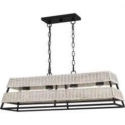 Lowenthal 4-Light Earth Black Linear Chandelier with Rattan with clear glass inside Glass Shade by Quoizel