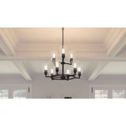 McIntire 9-Light Matte Black Shaded Chandelier with Glass Shades by Quoizel -Quoizel Sales matte black quoizel chandeliers mci5030mbk 31 1000
