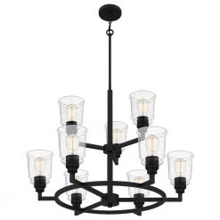 McIntire 9-Light Matte Black Shaded Chandelier with Glass Shades by Quoizel -Quoizel Sales matte black quoizel chandeliers mci5030mbk 4f 1000