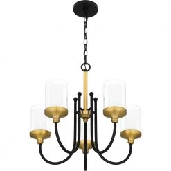 Rowland 5-Light Matte Black Chandelier with Clear Glass with Sandblasted Glass Inside Glass Shade by Quoizel -Quoizel Sales matte black quoizel chandeliers row5022mbk 1f 1000