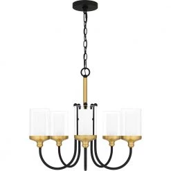 Rowland 5-Light Matte Black Chandelier with Clear Glass with Sandblasted Glass Inside Glass Shade by Quoizel -Quoizel Sales matte black quoizel chandeliers row5022mbk 4f 1000