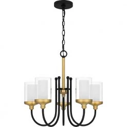 Rowland 5-Light Matte Black Chandelier with Clear Glass with Sandblasted Glass Inside Glass Shade by Quoizel -Quoizel Sales matte black quoizel chandeliers row5022mbk c3 1000