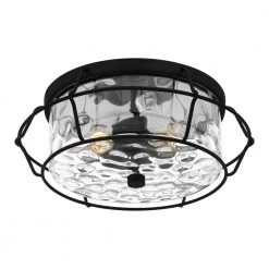 Farragut 13.75 in. 3-Light Matte Black Semi-Flush Mount with Clear Water Glass by Quoizel -Quoizel Sales matte black quoizel flush mount lights qfl5338mbk 1f 1000