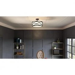 Tallow 16 in. 3-Light Matte Black Semi-Flush Mount with Fabric Shade by Quoizel -Quoizel Sales matte black quoizel flush mount lights qsf5340mbk 31 1000