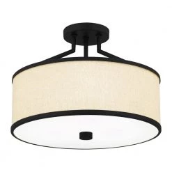 Laborde 16 in. 3-Light Matte Black Semi-Flush Mount with Natural Cream Linen by Quoizel -Quoizel Sales matte black quoizel flush mount lights qsf5356mbk 1f 1000