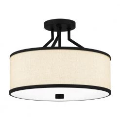 Laborde 16 in. 3-Light Matte Black Semi-Flush Mount with Natural Cream Linen by Quoizel -Quoizel Sales matte black quoizel flush mount lights qsf5356mbk 4f 1000