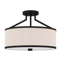 Laborde 16 in. 3-Light Matte Black Semi-Flush Mount with Natural Cream Linen by Quoizel -Quoizel Sales matte black quoizel flush mount lights qsf5356mbk c3 1000