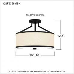 Laborde 16 in. 3-Light Matte Black Semi-Flush Mount with Natural Cream Linen by Quoizel -Quoizel Sales matte black quoizel flush mount lights qsf5356mbk fa 1000