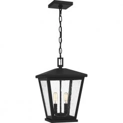 Joffrey 10.5 in. 2-Light Matte Black Outdoor Pendant-Light with Clear Seeded Glass by Quoizel