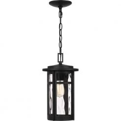 Uma 8 in. 1-Light Matte Black Outdoor Pendant-Light with Clear Water Glass by Quoizel