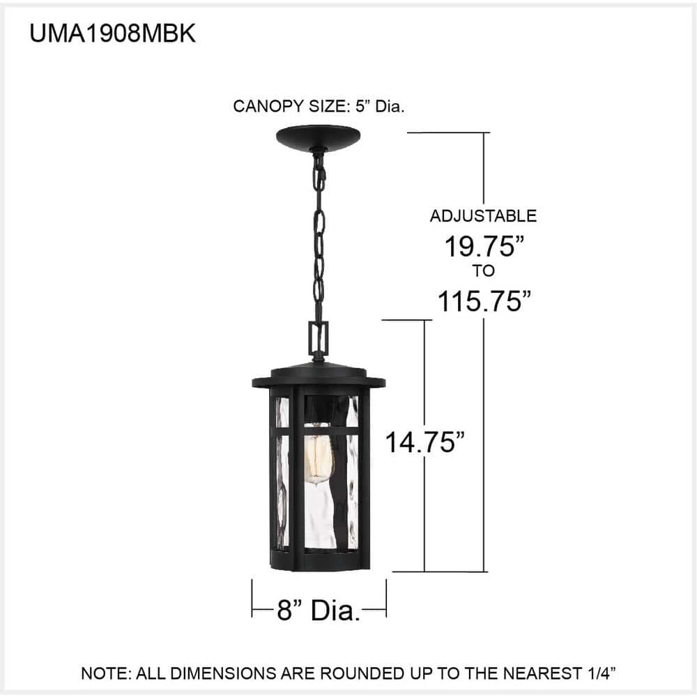 Uma 8 in. 1-Light Matte Black Outdoor Pendant-Light with Clear Water Glass by Quoizel 5 Uma 8 in. 1-Light Matte Black Outdoor Pendant-Light with Clear Water Glass by Quoizel - Image 3