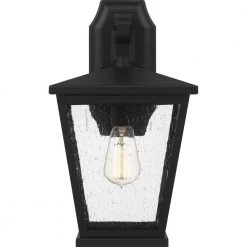 Joffrey 9 in. 1-Light Matte Black Outdoor Wall Lantern Sconce with Clear Seeded Glass by Quoizel -Quoizel Sales matte black quoizel outdoor sconces jfy8409mbk 4f 1000