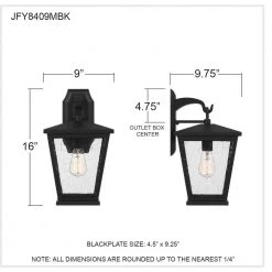 Joffrey 9 in. 1-Light Matte Black Outdoor Wall Lantern Sconce with Clear Seeded Glass by Quoizel -Quoizel Sales matte black quoizel outdoor sconces jfy8409mbk fa 1000