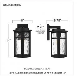 Uma 8 in. 1-Light Matte Black Outdoor Wall Lantern Sconce with Clear Water Glass by Quoizel 17 Uma 8 in. 1-Light Matte Black Outdoor Wall Lantern Sconce with Clear Water Glass by Quoizel -Quoizel Sales matte black quoizel outdoor sconces uma8408mbk fa 1000