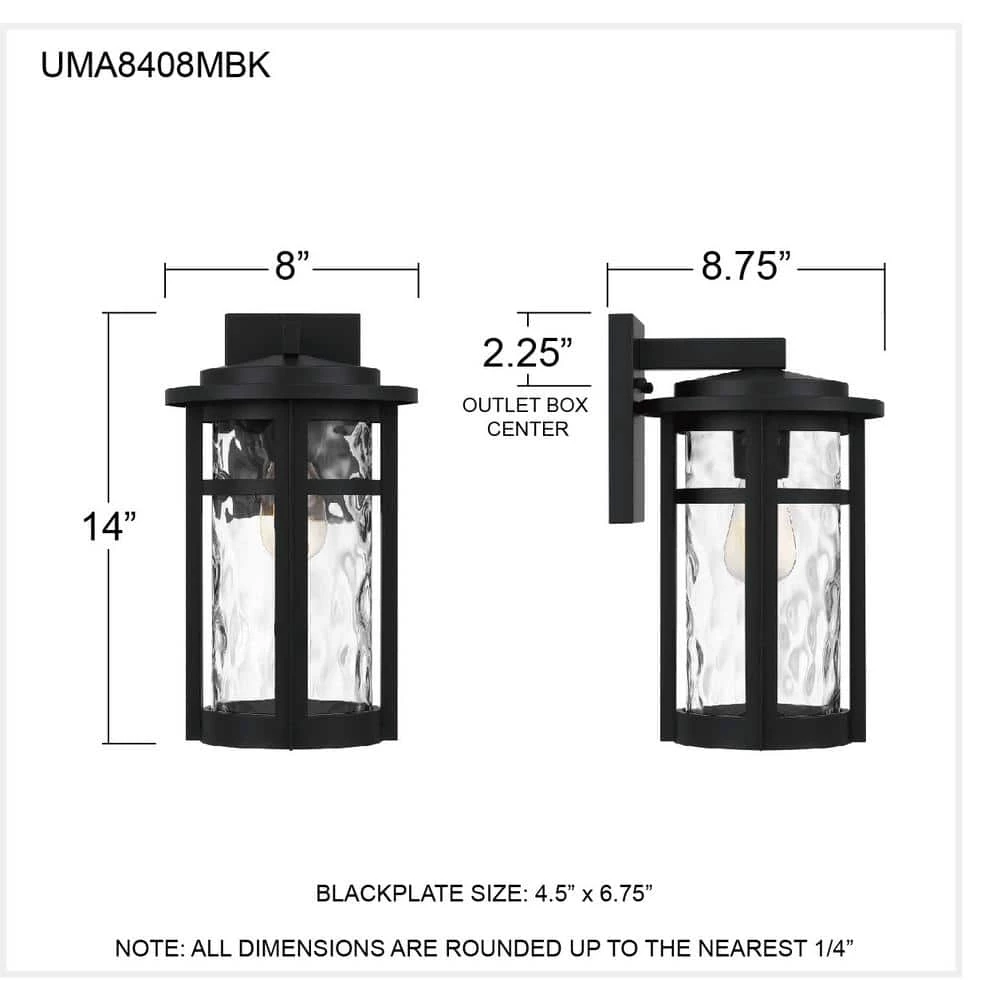 Uma 8 in. 1-Light Matte Black Outdoor Wall Lantern Sconce with Clear Water Glass by Quoizel 10 Uma 8 in. 1-Light Matte Black Outdoor Wall Lantern Sconce with Clear Water Glass by Quoizel - Image 8