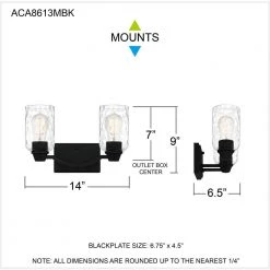 Acacia 14 in. 2 Light Matte Black Vanity Light with Clear Water Glass by Quoizel -Quoizel Sales matte black quoizel vanity lighting aca8613mbk 44 1000