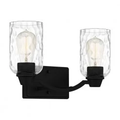 Acacia 14 in. 2 Light Matte Black Vanity Light with Clear Water Glass by Quoizel -Quoizel Sales matte black quoizel vanity lighting aca8613mbk 4f 1000