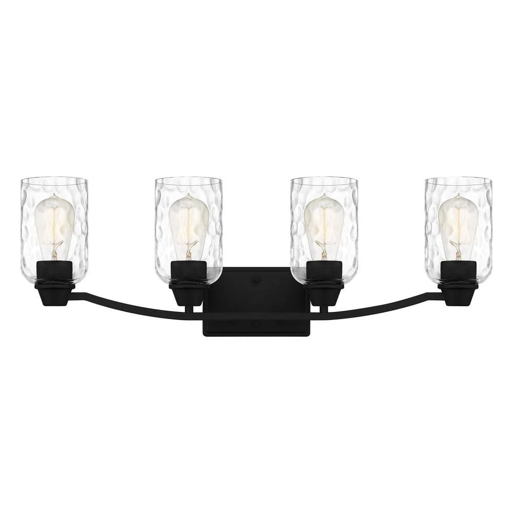 Acacia 28 in. 4 Light Matte Black Vanity Light with Clear Water Glass by Quoizel 3 Acacia 28 in. 4 Light Matte Black Vanity Light with Clear Water Glass by Quoizel