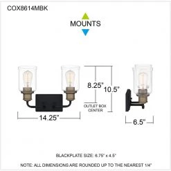 Cox 14.25 in. 2 Light Matte Black Vanity Light with Clear Glass by Quoizel -Quoizel Sales matte black quoizel vanity lighting cox8614mbk fa 1000