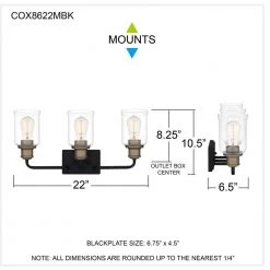 Cox 22 in. 3 Light Matte Black Vanity Light with Clear Glass by Quoizel -Quoizel Sales matte black quoizel vanity lighting cox8622mbk fa 1000