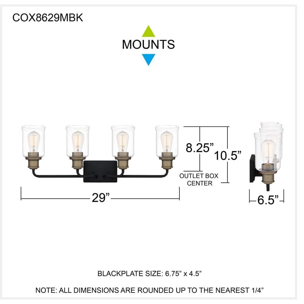 Cox 29 in. 4 Light Matte Black Vanity Light with Clear Glass by Quoizel 9 Cox 29 in. 4 Light Matte Black Vanity Light with Clear Glass by Quoizel - Image 7