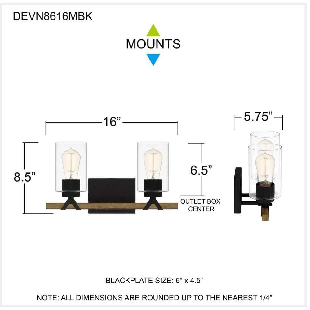Devon Court 16 in. 2-Light Matte Black Vanity Light by Quoizel 4 Devon Court 16 in. 2-Light Matte Black Vanity Light by Quoizel - Image 2