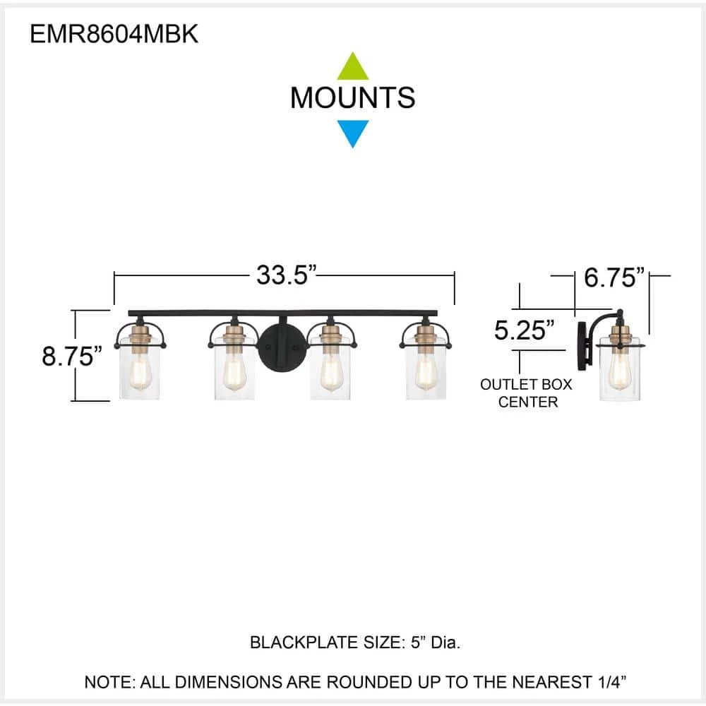 Emerson 33.5 in. 4-Light Matte Black Vanity Light with Clear Glass by Quoizel 8 Emerson 33.5 in. 4-Light Matte Black Vanity Light with Clear Glass by Quoizel - Image 6