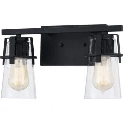 Knox 14 in. 2-Light Matte Black Vanity Light with Clear Seeded Glass by Quoizel -Quoizel Sales matte black quoizel vanity lighting knx8614mbk 4f 1000