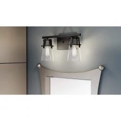 Knox 14 in. 2-Light Matte Black Vanity Light with Clear Seeded Glass by Quoizel -Quoizel Sales matte black quoizel vanity lighting knx8614mbk e1 1000