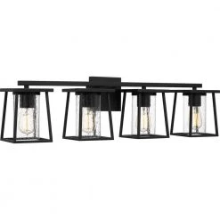 Lodge 33.25 in. 4-Light Matte Black Vanity Light with Clear Seeded Glass by Quoizel -Quoizel Sales matte black quoizel vanity lighting ldg8633mbk 4f 1000