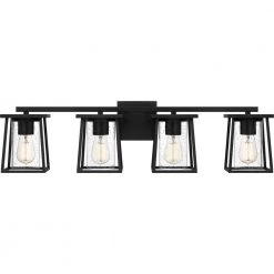 Lodge 33.25 in. 4-Light Matte Black Vanity Light with Clear Seeded Glass by Quoizel